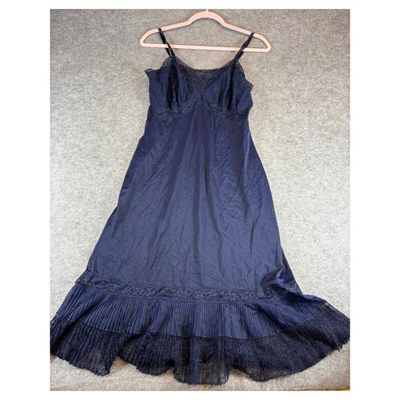 Vintage Lace Chiffon Slip Dress Womens Small Navy Sleeveless Pleated Hem Boho - Picture 1 of 4